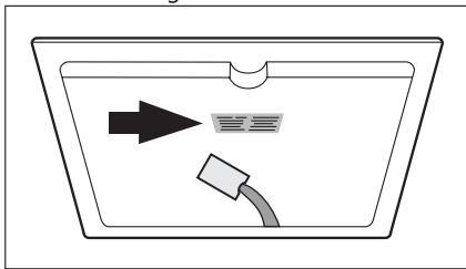 Simple line drawing of a ceiling-mounted device with an arrow pointing to a screen and a cable (no text or symbols)