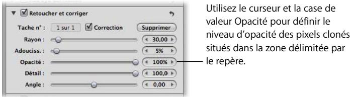 APPLE APERTURE 2 - Pour ajuster l'opacité des pixels clones au sein d'un repère retoucher et corriger : - 1