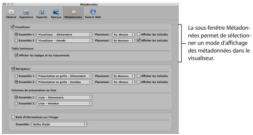APPLE APERTURE 2 - Pour configurer l'affichage des métadonnées représentées avec les images dans le visualiser : - 1