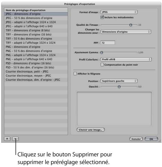 APPLE APERTURE 2 - Suppression d'un préréglage d'exportation - 1