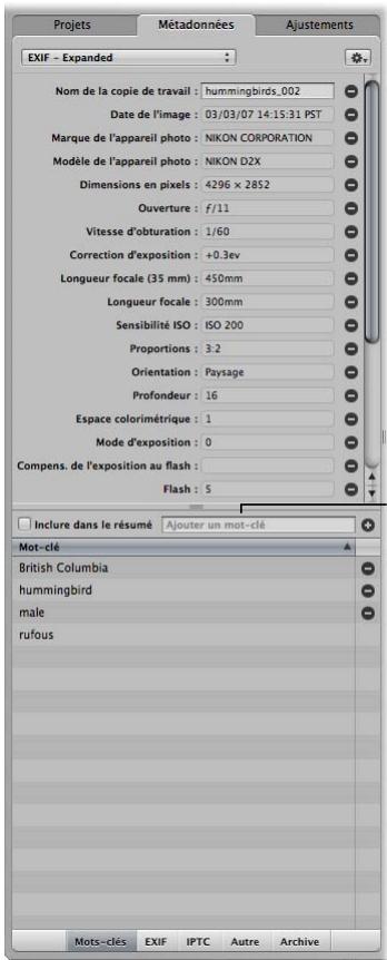 APPLE APERTURE 2 - Pour appliquer des mots-clés à l'aide de l'inspecteur métadonnées : - 1