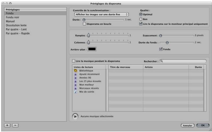 APPLE APERTURE 2 - Pour ouvrir la zone de dialogue préréglages du diaporama, effectuez l'une des actions suivantes : - 1