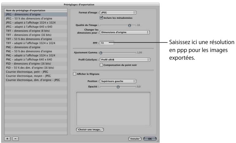 APPLE APERTURE 2 - Pour spécifique dans un préréglage d'exportation la résolution en ppp des images exportées : - 1