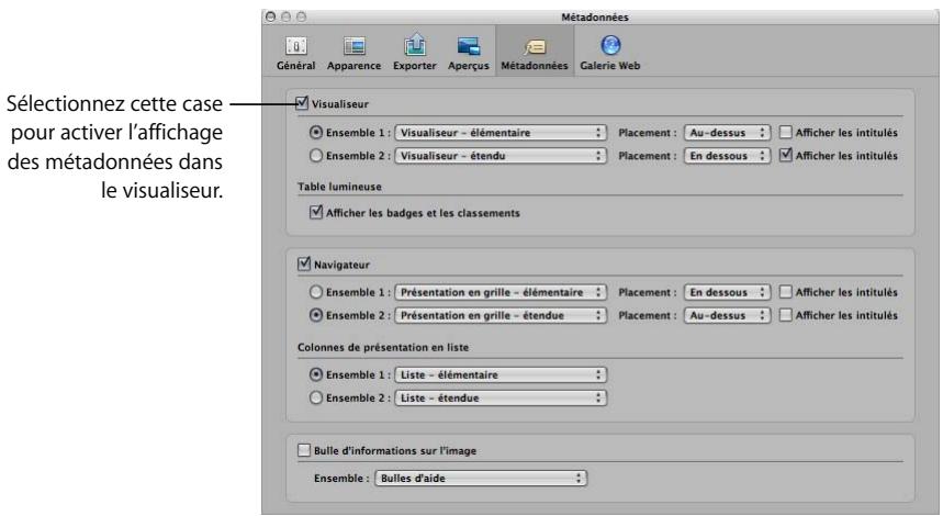 APPLE APERTURE 2 - Pour configurer l'affichage des métadonnées dans le visualiser : - 1