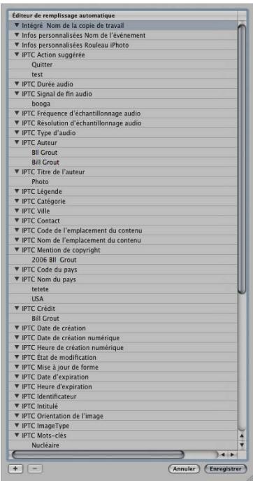 APPLE APERTURE 2 - Pour configurer les entrées de replissage automatique dans l'éditeur de replissage automatique : - 1