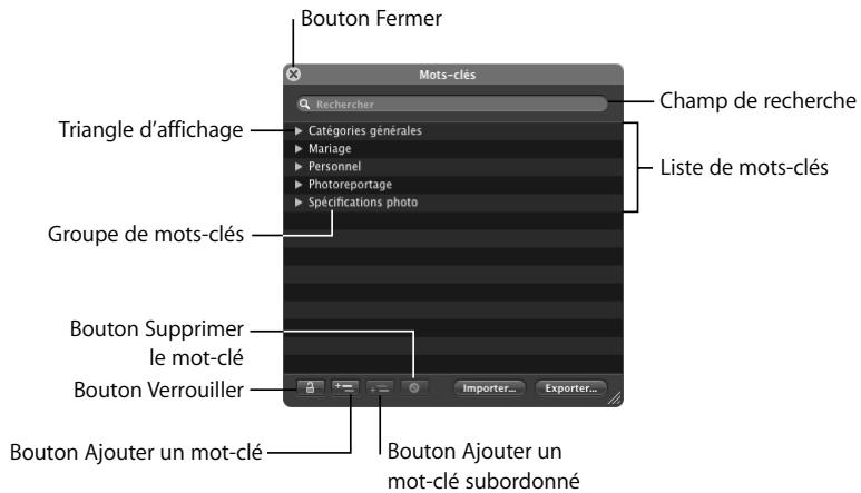 APPLE APERTURE 2 - Commandes de la palette de mots-clés - 1
