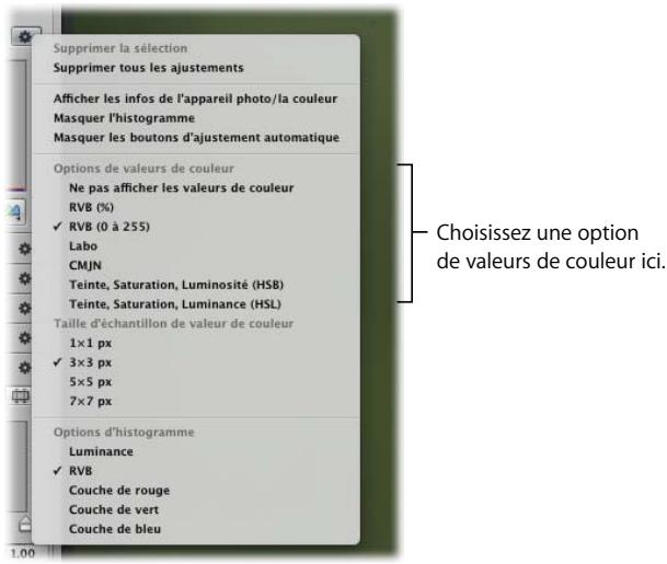 APPLE APERTURE 2 - Pour choisir une option de valeurs de couleur pour le colorimètre: - 1