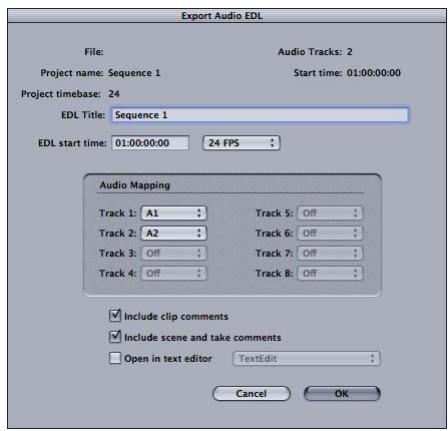 APPLE CINEMA TOOLS 4 - Pour ouvrir la zone de dialogue Export Audio EDL depuis Final Cut Pro : - 1