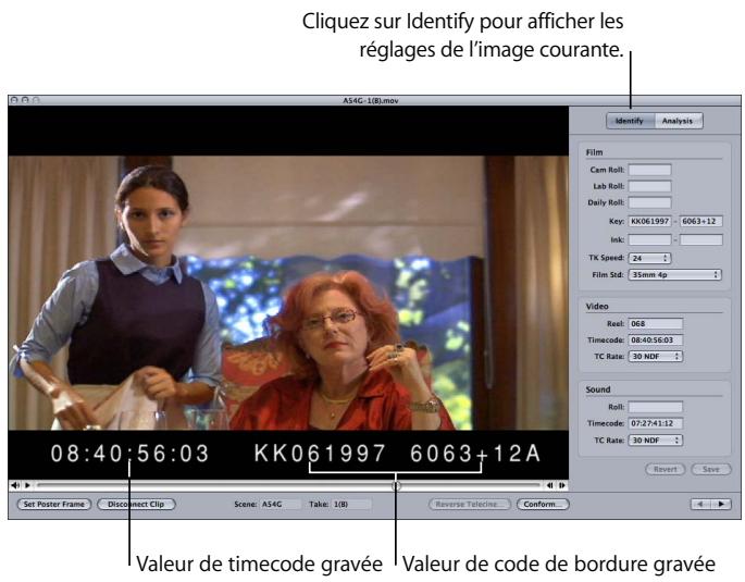 APPLE CINEMA TOOLS 4 - Pour vérifier et corriger les valeurs de code de cordure et de timecode saisies pour un plan : - 1