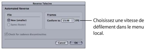 APPLE CINEMA TOOLS 4 - Pour utiliser le télécinéma inversé automatisé dans le but de supprimer le pulldown dans un seul plan : - 1