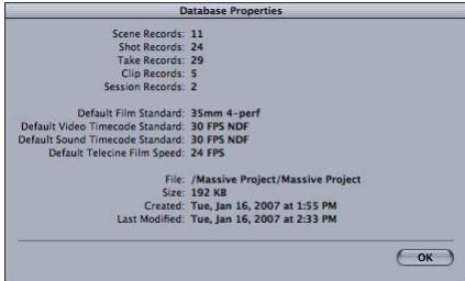 APPLE CINEMA TOOLS 4 - Pour ouvrir la zone de dialogue Database Properties : - 1