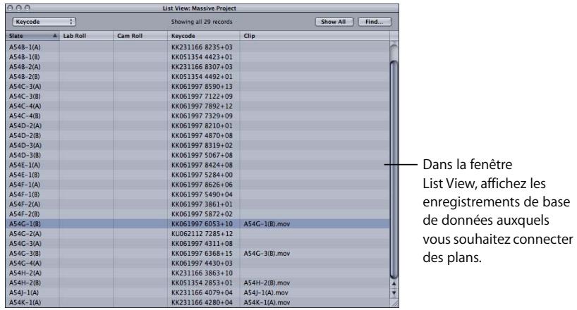 APPLE CINEMA TOOLS 4 - Pour utiliser la commande Connect Clips afin de relier des plans à la base de données : - 1