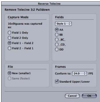 APPLE CINEMA TOOLS 4 - Pour ouvrir la zone de dialogue Reverse Telecine, procédez de l'une des manières suivantes: - 1