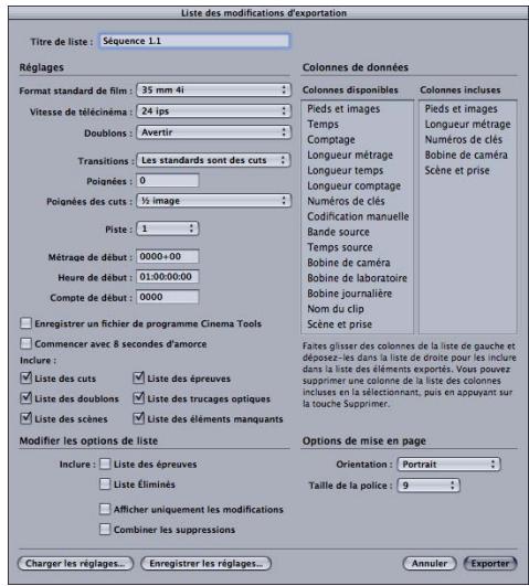 APPLE CINEMA TOOLS 4 - Pour ouvrir la zone de dialogue Export Change List à partir de Final Cut Pro : - 1
