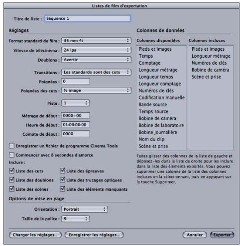 APPLE CINEMA TOOLS 4 - Réglages communs aux deux zones de dialogue d'exportation - 1