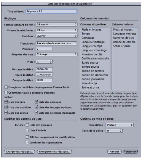 APPLE CINEMA TOOLS 4 - Réglages dans la zone de dialogue Exporter la Liste de modifications - 1