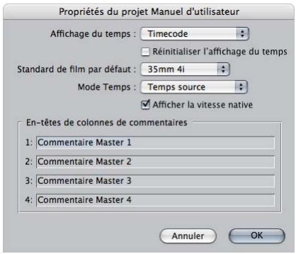 APPLE CINEMA TOOLS 4 - Pour configurer un projet de façon à afficher le timecode en mode pieds+image : - 1