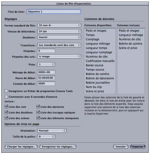 APPLE CINEMA TOOLS 4 - Pour ouvrir la zone de dialogue Export Film Lists à partir de Final Cut Pro : - 1