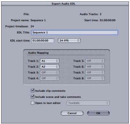 APPLE CINEMA TOOLS 4 - Pour exporter une liste EDL audio : - 1
