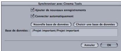 APPLE CINEMA TOOLS 4 - Pour creer une nouvelle base de données à l'aide de la commande Synchroniser avec Cinema Tools : - 1