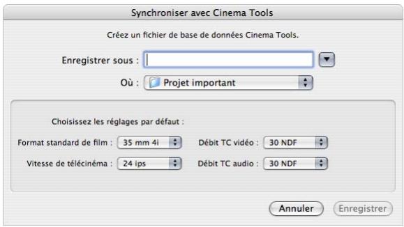 APPLE CINEMA TOOLS 4 - Pour creer une nouvelle base de données à l'aide de la commande Synchroniser avec Cinema Tools : - 2