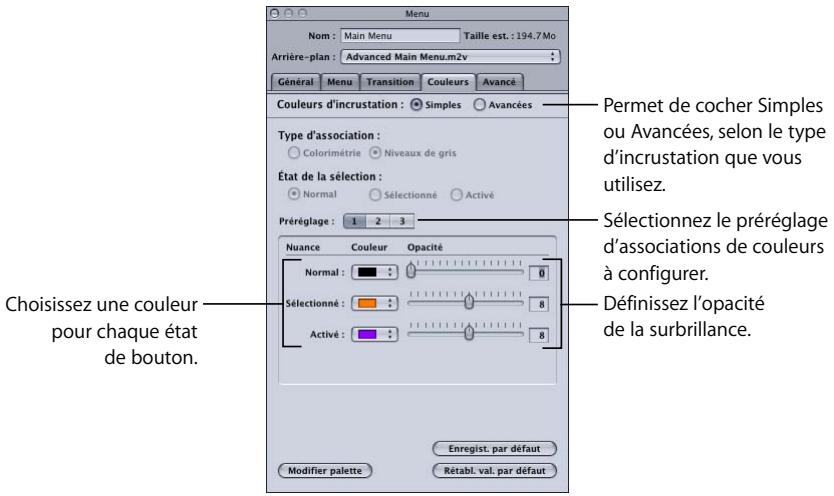APPLE DVD STUDIO PRO 4 - Pour configurer l'association de couleurs d'un menu avec une incrustation simple : - 1