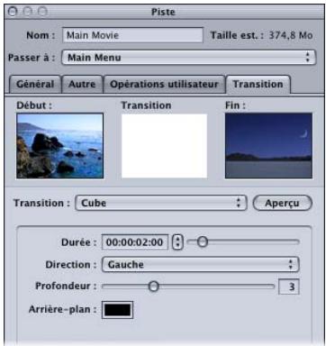 APPLE DVD STUDIO PRO 4 - Onglet Transition de l'inspecteur de piste - 1
