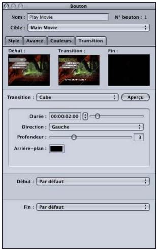 APPLE DVD STUDIO PRO 4 - Onglet Transition dans l'inspecteur de bouton - 1