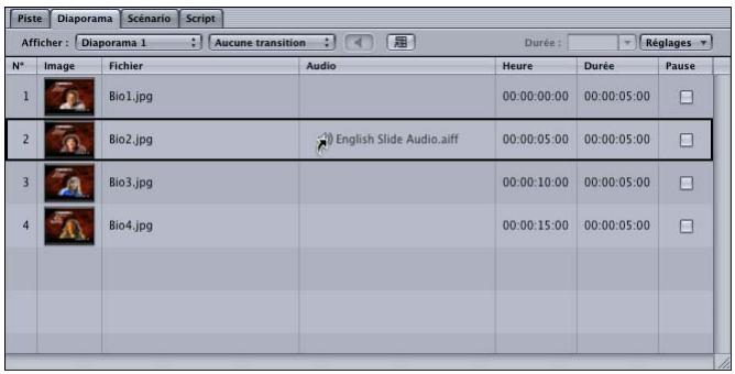 APPLE DVD STUDIO PRO 4 - Pour attribuer un fichier audio en utilisant l'éditeur de diaporama : - 1