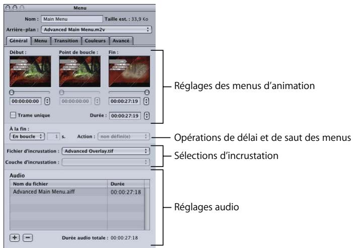 APPLE DVD STUDIO PRO 4 - Onglet Général de l'inspecteur de menu pour des menus standard - 1