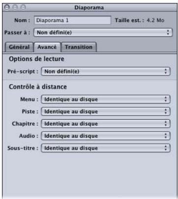 APPLE DVD STUDIO PRO 4 - Onglet Avancé dans l'inspecteur de diaporama - 1