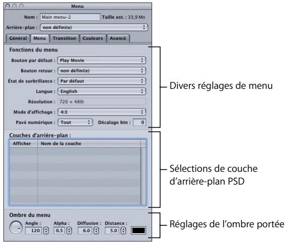 APPLE DVD STUDIO PRO 4 - Onglet Menu de l'inspecteur de menu pour des menus standard - 1