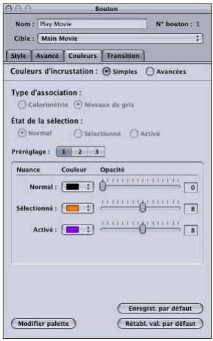 APPLE DVD STUDIO PRO 4 - Onglet Couleurs dans l'inspecteur de bouton - 1