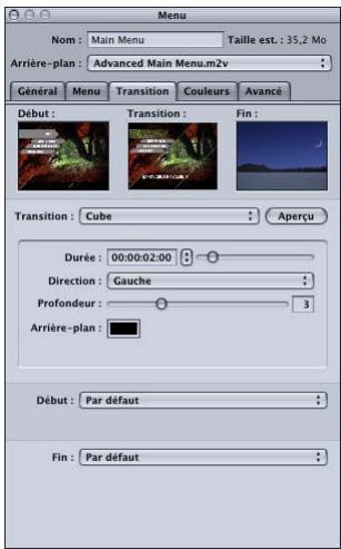 APPLE DVD STUDIO PRO 4 - Onglet Transition dans les inspecteurs de menu et de bouton - 1