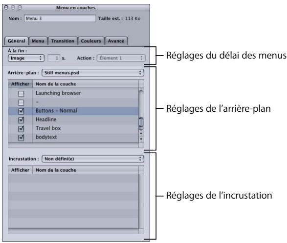APPLE DVD STUDIO PRO 4 - Onglet Général de l'inspecteur des menus en couches - 1