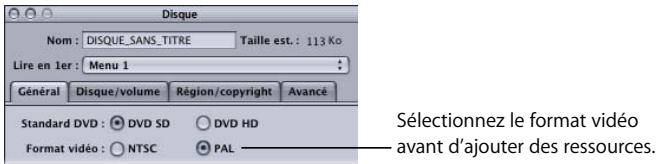 APPLE DVD STUDIO PRO 4 - Pour définir la norme vidéo pour le projet en cours dans l'inspecteur de disque : - 1