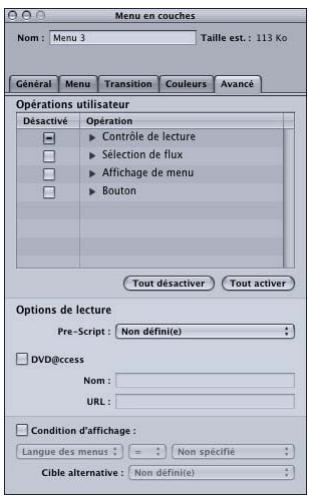 APPLE DVD STUDIO PRO 4 - Onglet Avancé de l'inspecteur des menus en couches - 1