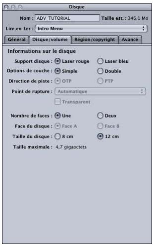 APPLE DVD STUDIO PRO 4 - Onglet Disque/volume dans l'inspecteur de disque - 1