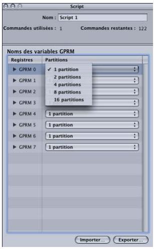 APPLE DVD STUDIO PRO 4 - Cliquez sur le menu local du GPRM que vous souhaitez partitionner, puis choisissez dans le menu local la configuration de partition à utiliser. - 1