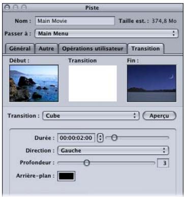 APPLE DVD STUDIO PRO 4 - Onglet Transition des inspecteurs de piste et de plan - 1