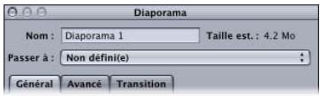 APPLE DVD STUDIO PRO 4 - Réglages de la partie supérieure de l'inspecteur de diaporama - 1