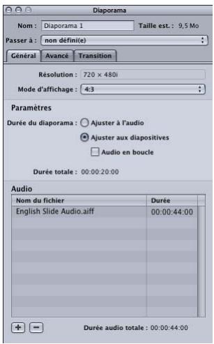 APPLE DVD STUDIO PRO 4 - Onglet Général dans l'inspecteur de diaporama - 1