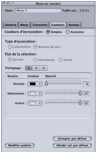 APPLE DVD STUDIO PRO 4 - Onglet Couleurs de l'inspecteur des menus en couches - 1