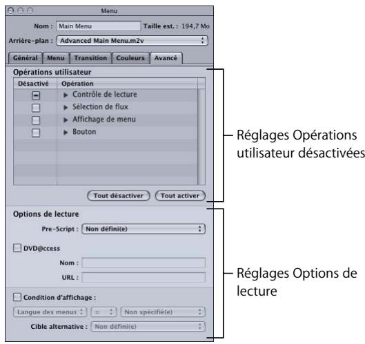 APPLE DVD STUDIO PRO 4 - Onglet Avancé de l'inspecteur de menu pour des menus standard - 1