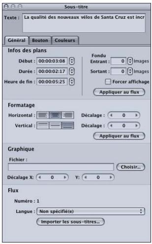 APPLE DVD STUDIO PRO 4 - Onglet Général de l'inspecteur de sous-titre - 1