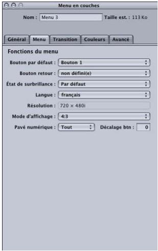 APPLE DVD STUDIO PRO 4 - Onglet Menu de l'inspecteur des menus en couches - 1