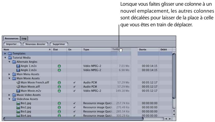 APPLE DVD STUDIO PRO 4 - Pour personnaliser les colonnes dans l'onglet Ressources : - 1