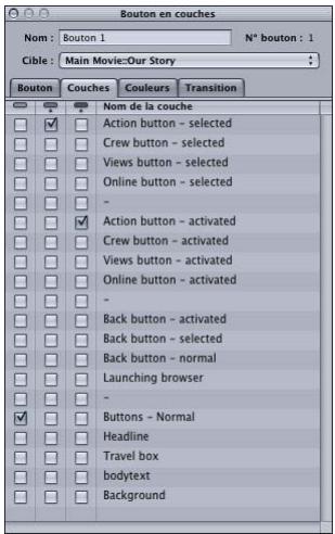 APPLE DVD STUDIO PRO 4 - Onglet Couches de l'inspecteur de bouton des menus en couches - 1