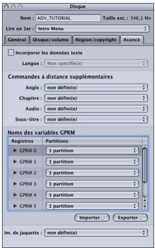 APPLE DVD STUDIO PRO 4 - Onglet Avancé de l'inspecteur de disque - 1