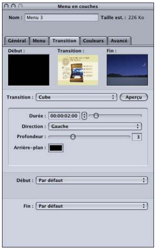 APPLE DVD STUDIO PRO 4 - Onglet Transition de l'inspecteur des menus en couches - 1